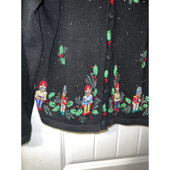 Vintage BP Design Size Large Knit Cardigan Womens Black Drummer Boy Embroidered - Picture 2 of 5